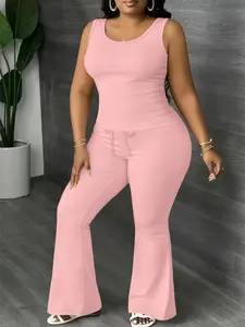 Plus Size Women's Plain Sleeveless Vest and Flared Loose Pants Set, Comfortable Casual Two-Piece Outfit, Perfect for Any Social Occasion