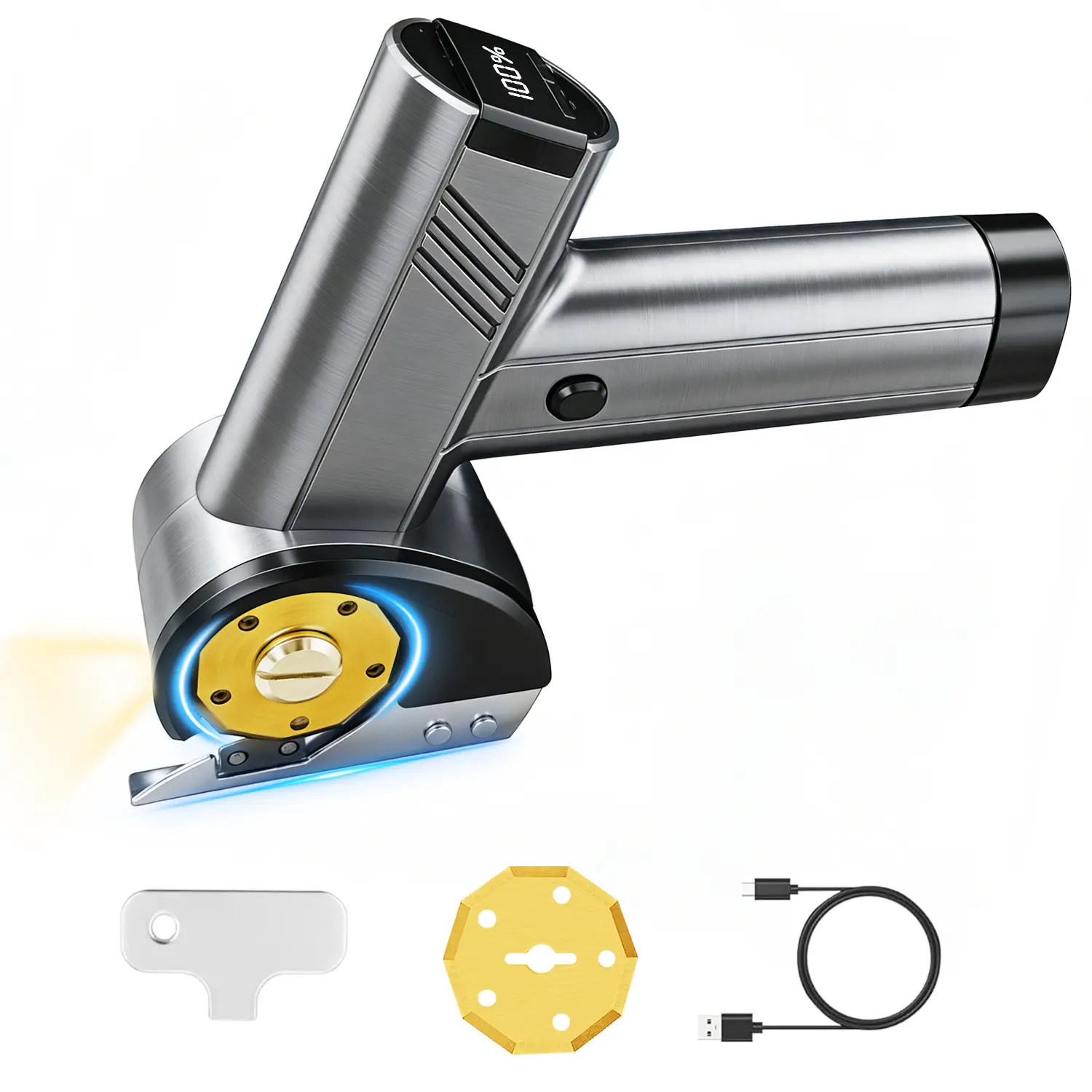 Cordless Electric Rotary Cutter, Rechargeable Fabric Cutting Machine with LED Light & Safety Lock, Portable Electric Scissors for Carpet, Leather, Cardboard, Cloth