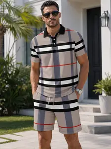 High-Quality New Men's Plaid Colorblock Business Casual Menswear Polo Shirt Set, Short Sleeve Top and Shorts, Summer Daily Commute Fashion Comfortable