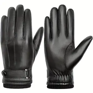 WARM & STURDY! Men’s Black Leather Gloves for Hiking/Skiing/Camping Closure Design Outdoor Activities