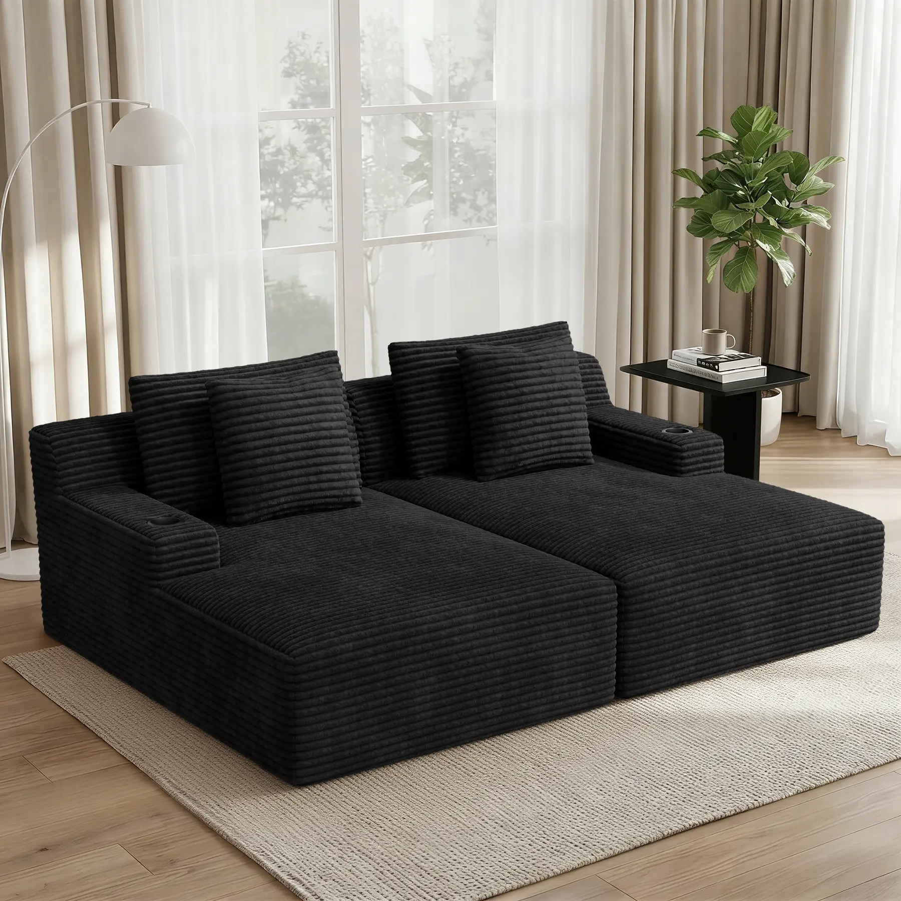 80in Double Chaise Lounge Chair Indoor - Non-Assembly Deep Seat Boneless Chaise Couch with Cup Holders, 4pcs Pillows for Living Room, Bedroom