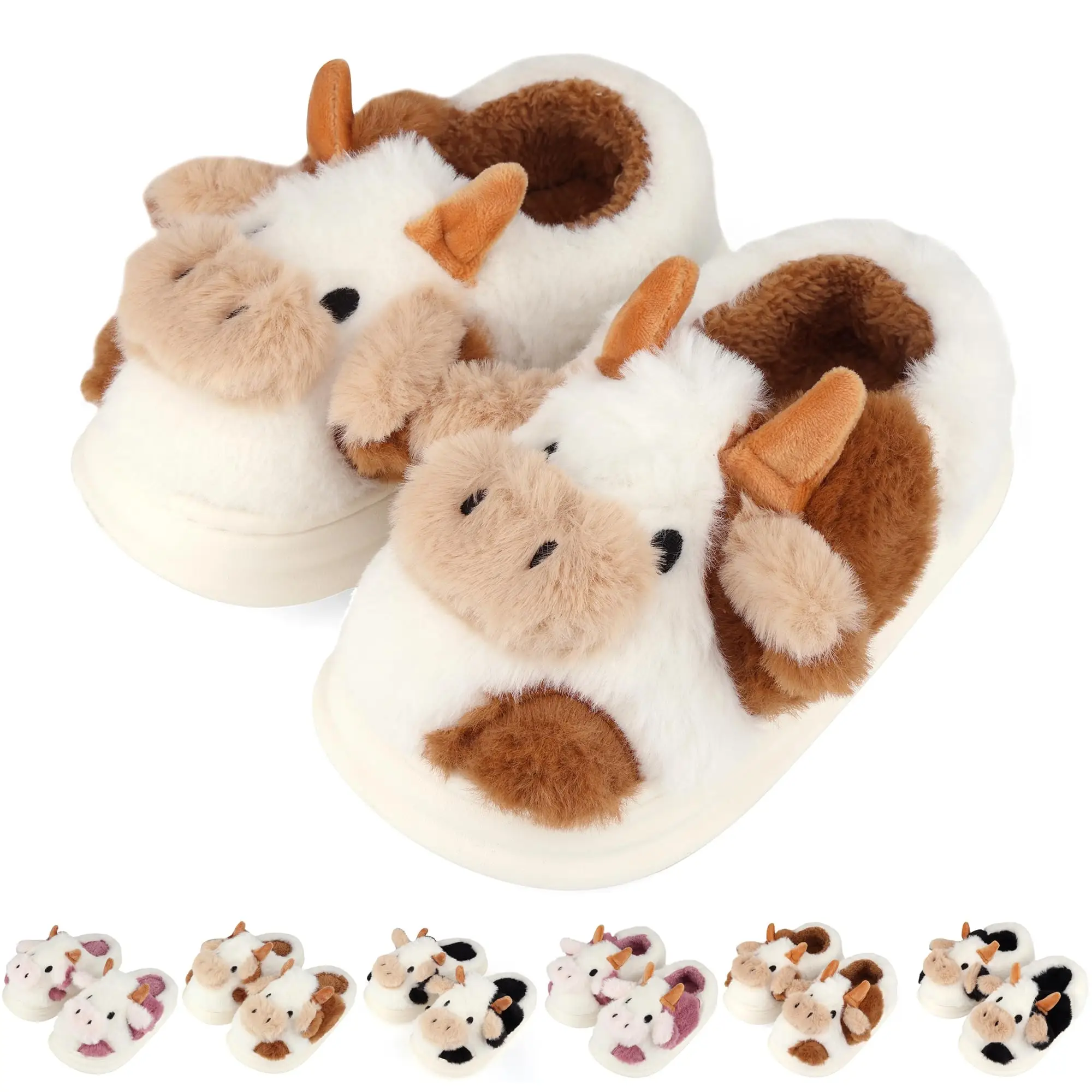 King Glory Kids Cow Slippers Toddler Boys Girls Soft Plush House Slippers Cute Animal Slippers Winter Comfy Warm Fuzzy Slippers Memory Foam Non-slip I