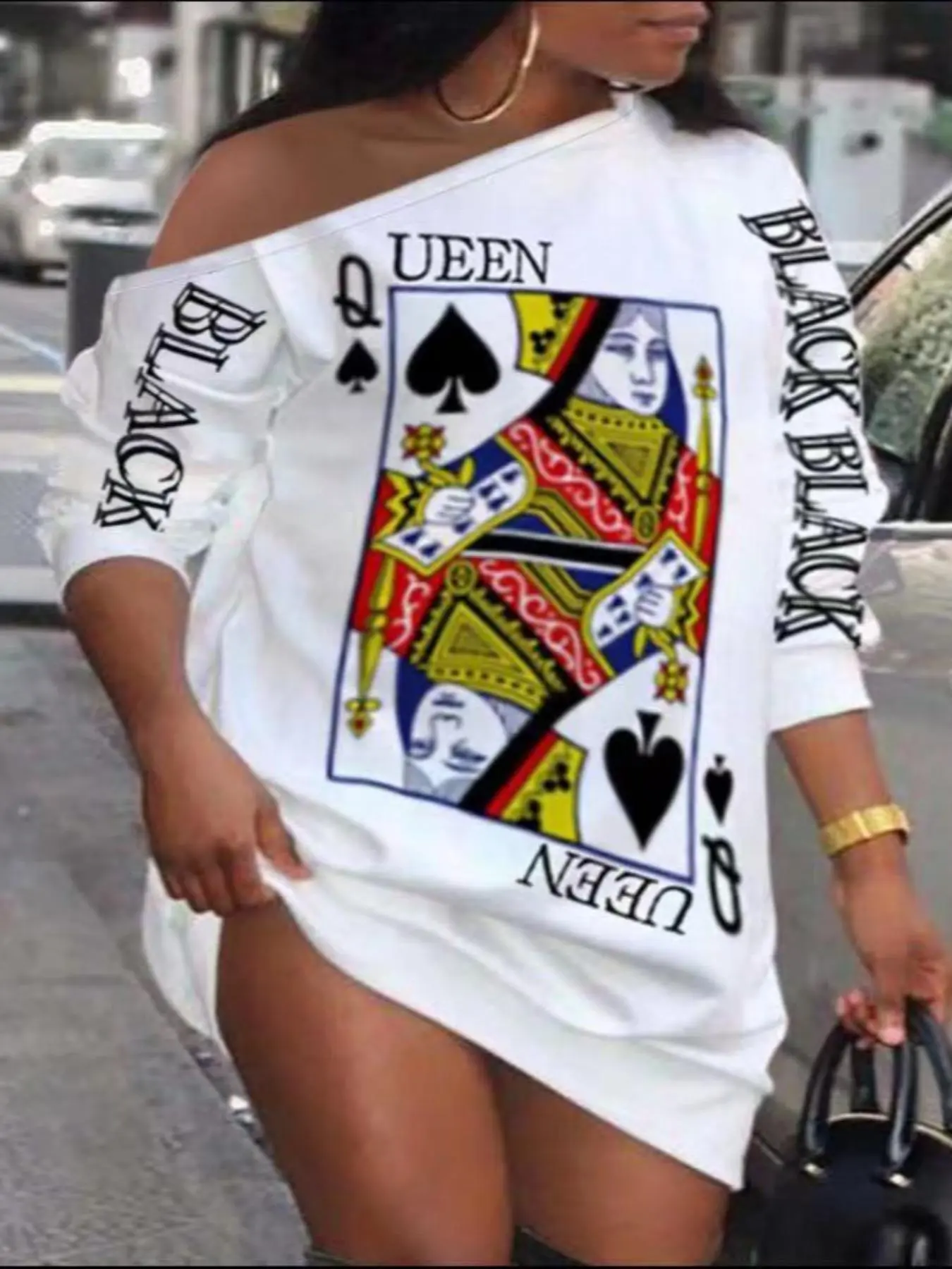 Women's Fashion Graphic Playing Card Print Drop Shoulder Dress, Casual Style One Shoulder Fitted Short Dress for Daily Outdoor Wear, Women's Statement Dress for Spring & Fall