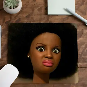 Dark Curly Hair Angry Doll Meme Square Gaming Mouse Pad, Gaming Accessory, Y2K 90s Retro Design, Aesthetic Desktop Decor, Non-Slip Rubber Mousepad with Stitched Edge, Small Mouse Pad for Laptop PC Gaming Work Daily Use, Gift for Meme & Y2K Fans
