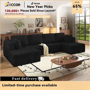 【2-3 Packages】 Niccae 132'' U-shape Boneless Memory Foam Sectional Sofa, Compressed Corduroy Sectional Couches, Oversized U Shape Comfy Modular Compression Cloud Sleeper Sofa with Deep Seat, Space-Saving Recliner Design