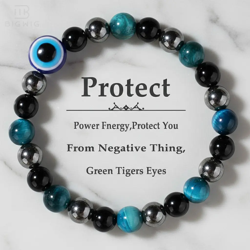 3X Power Protection Non-Natural Crystal Beaded Bracelet for Adults - Exquisite Trendy, Fashionable Eye Motif Design, Tiger Eye & Hematite Stone Beads, Adjustable Round Jewelry, Ideal Daily Birthday Gift