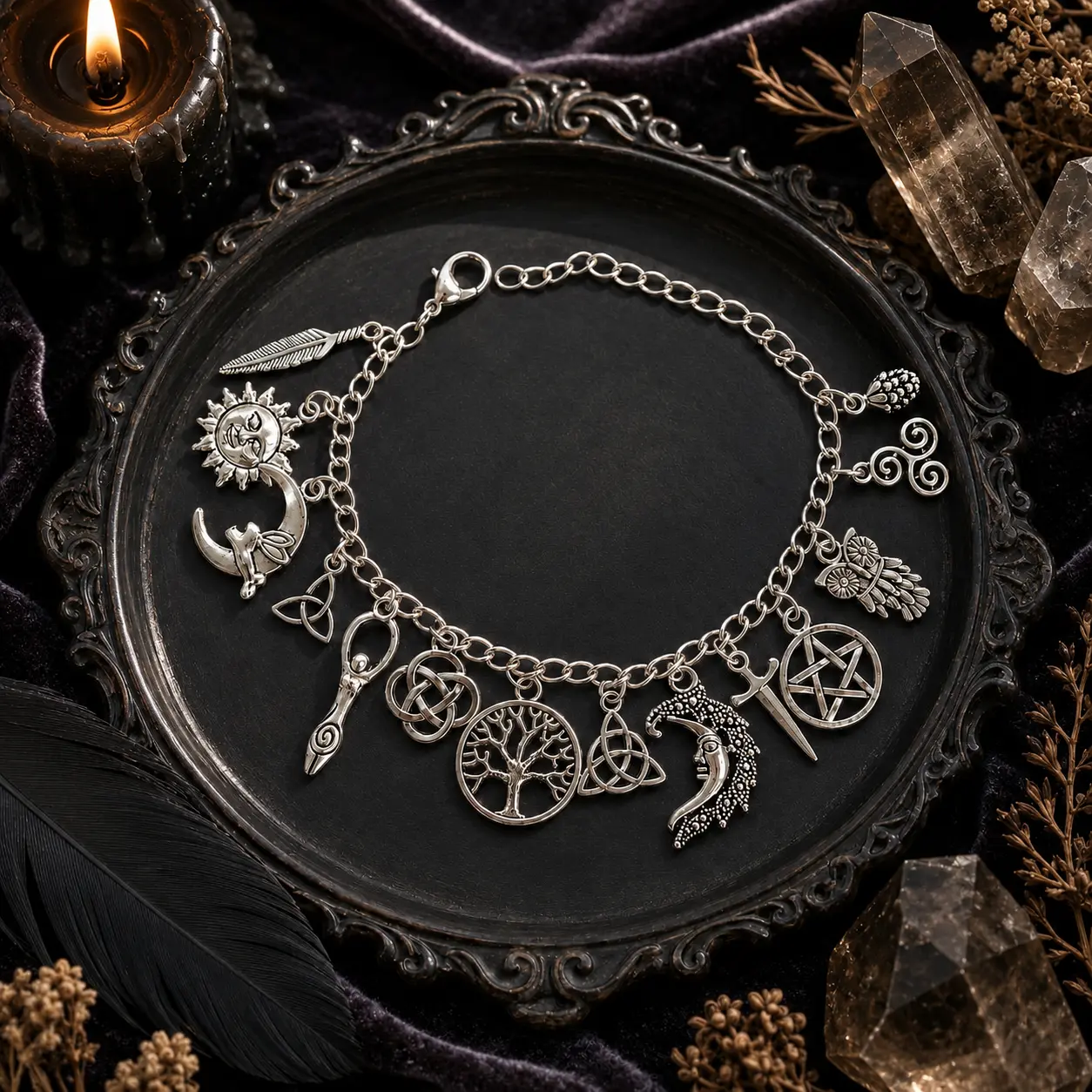 Women's Vintage Symbolic Charm Bracelet - Boho Silver Moon Sun Tree of Life Celestial Charms, Adjustable Chain Bracelet-Anklet, Gothic Female Jewelry, Everyday Wear, Unique Birthday Gift, Gothic Vintage