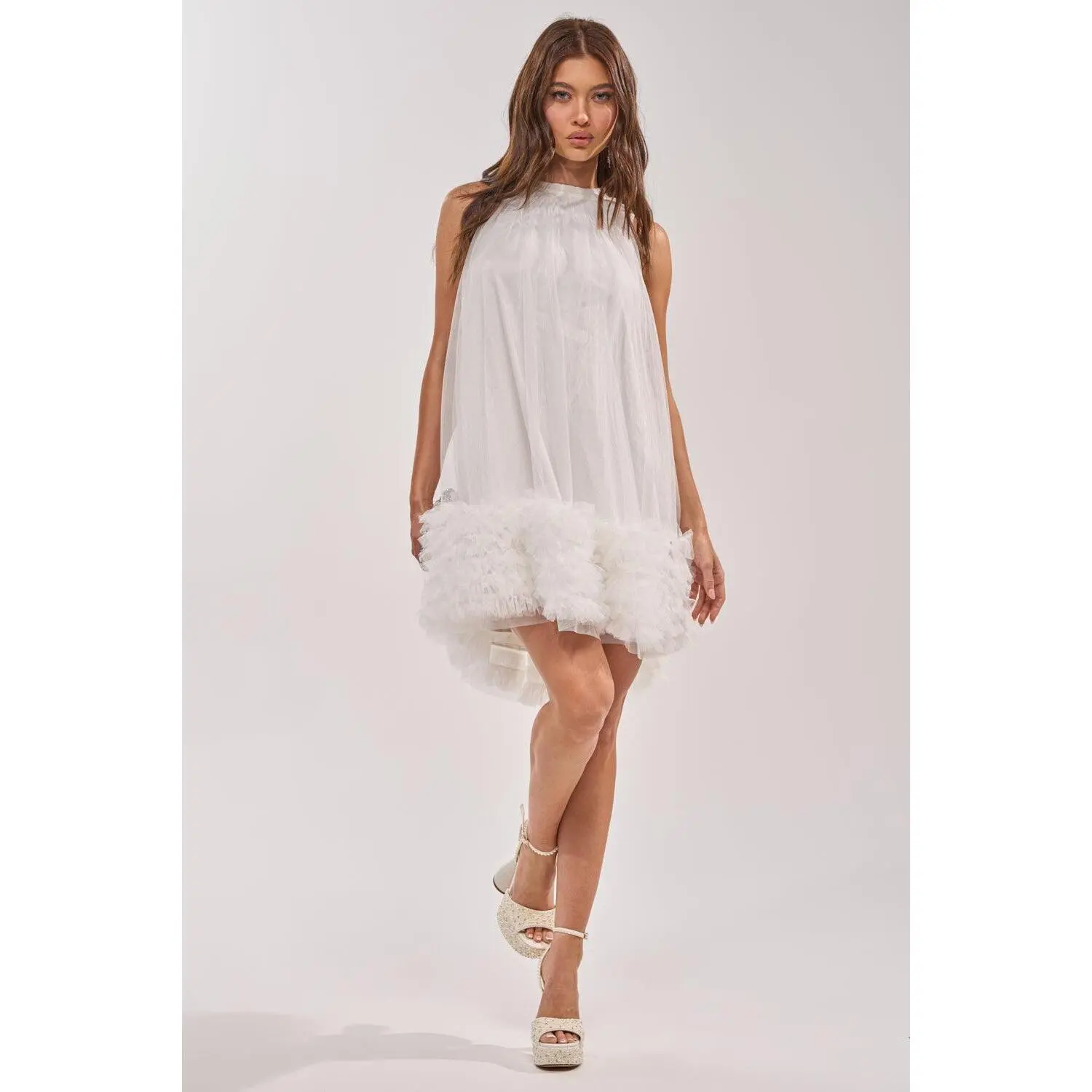 ARI TULLE RUFFLE MINI DRESS IN WHITE