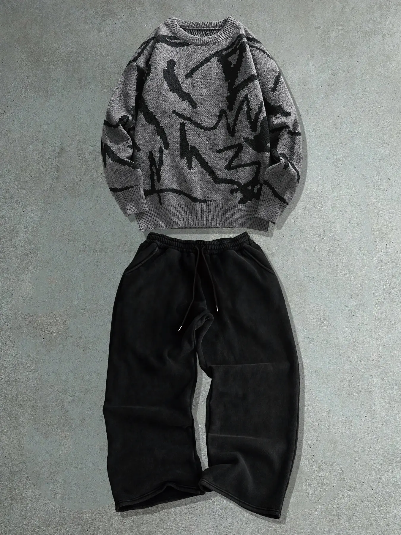 Street Casual Set Unisex Knit Sweater Long Sleeve Top & Printed Pants Two-Piece, Fall Winter Loose Fit Streetwear Fashion Clothes