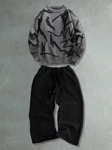 Street Casual Set Unisex Knit Sweater Long Sleeve Top & Printed Pants Two-Piece, Fall Winter Loose Fit Fashion