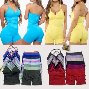 2 Pieces Women Yoga Set Seamless Yoga Longline Strappy Tank Top matching Scrunch Sports Shorts Gym Clothes Woman Summer Workout fitnessOutfit