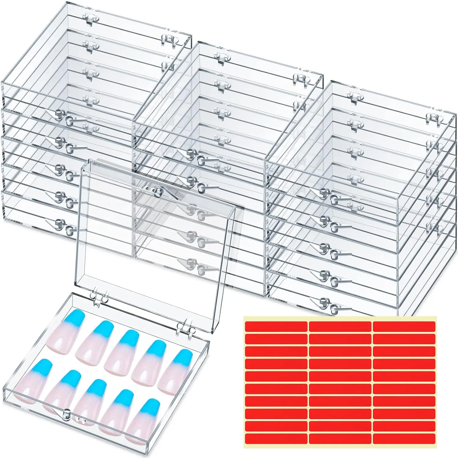 15 Pcs Press On Nail Boxes Nail Display Case 30 Pcs Adhesive Double Sided Tape Press On Nails Packaging Artificial Press On Nails Container Acrylic Storage Organizer for Nail-Packaging(Clear)
