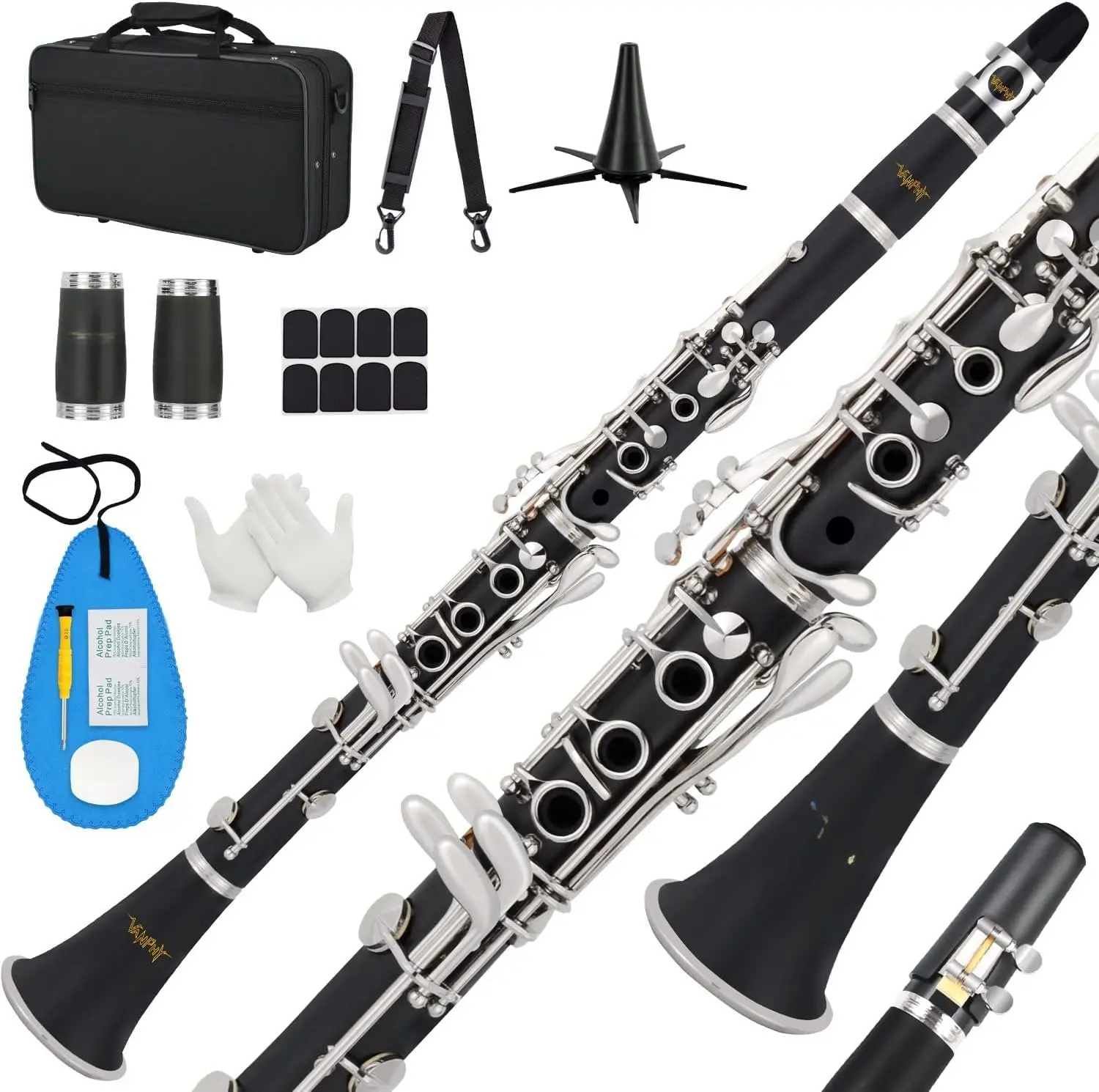 Clarinet For Beginners Students B Flat Clarinet 17  Clarinets with Case Stand Strap 2  8 Mouthpiece Cushion White Gloves Cleaning Kit (Black)