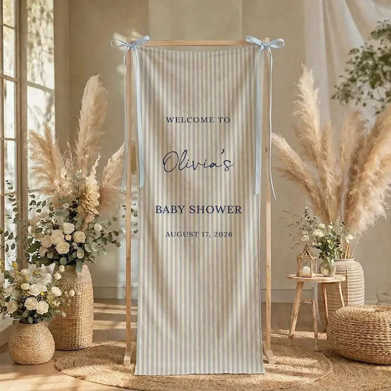 Personalized Baby Shower Fabric Banner, Welcome Baby Shower Sign, Blue Striped Party Entrance Decor, Custom Baby Shower Backdrop Banner