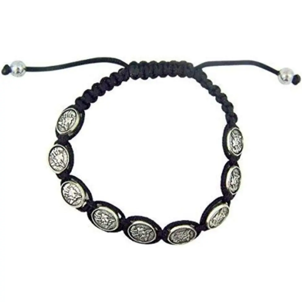 Toned Archangel  Michael Medal on Adjustable Cord Bracelet, 8 Inch