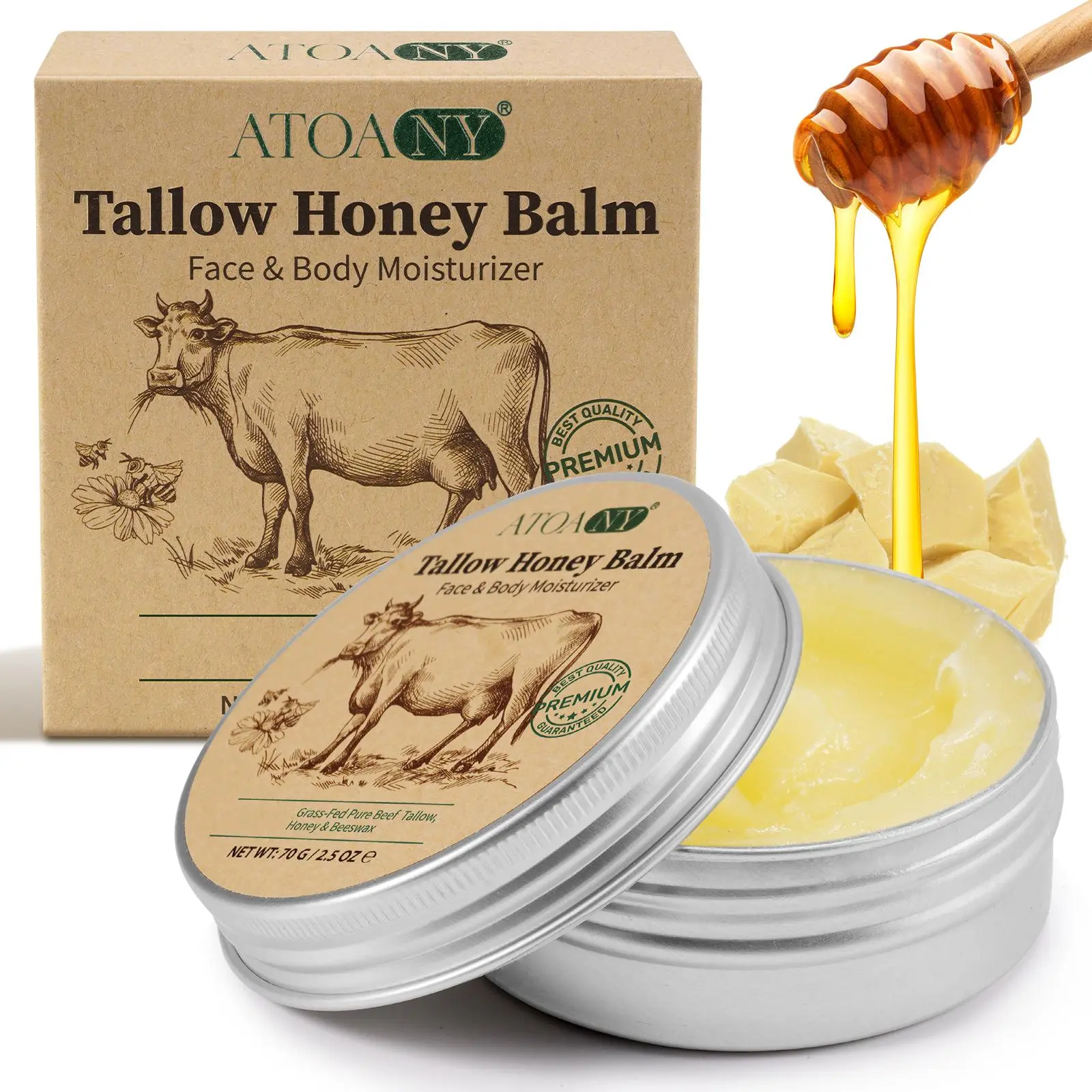 Atoany Beeswax Honey Balm 70g/2.5oz, Pure Grass-Fed Beef Fat & Honey Moisturizing Body Cream, Skin Care Lotion for Dry Skin Relief