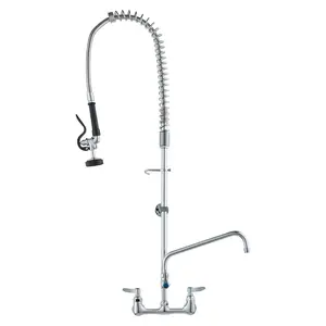 VEVOR Industrial Sink Faucet, 44" Tall, 8" Apart, 12" Rotating Spout, Wall Mounted, Brass Made with Extendable Sprayer, Fits Single/Triple Sinks