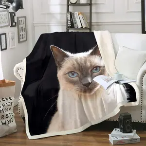 Cute Cat Sherpa Blanket,Siamese Cat Adult Fleece Throw Blanket,Cartoon Pet Cat Lightweight Microfiber Plush Blanket for Sofa Bed Couch