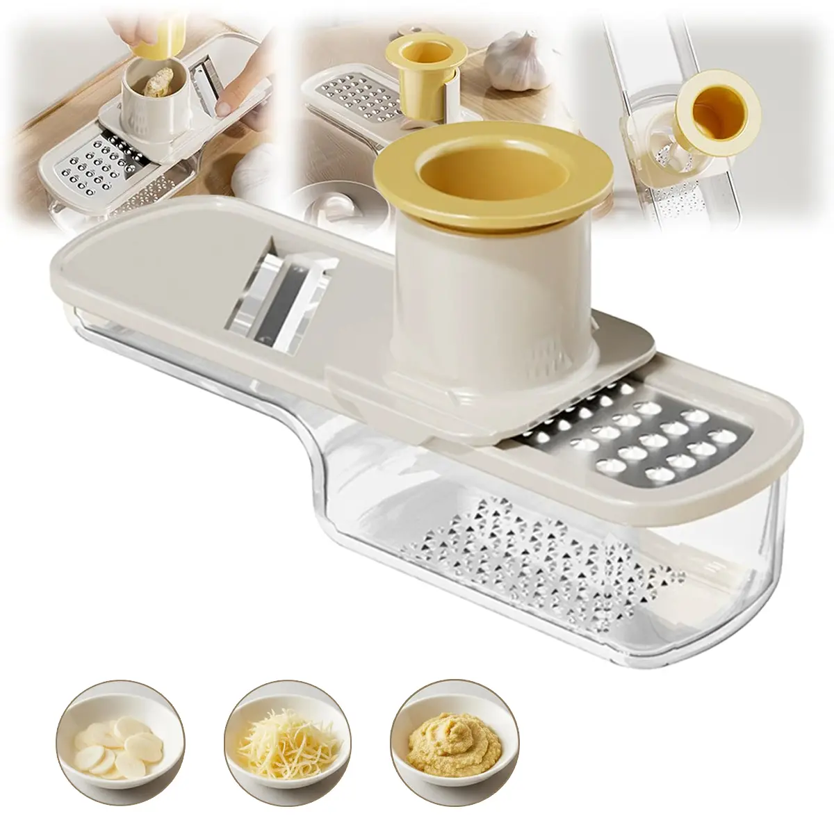 Beige-White Manual Stainless Steel Ginger Garlic Grater with Container - Small Size, Compact Home/Camping Kitchen Utensil, Removable Parts Single Unit Multifunctional Food Cutter Vegetable Grater with Easy Grip for Busy Restaurants