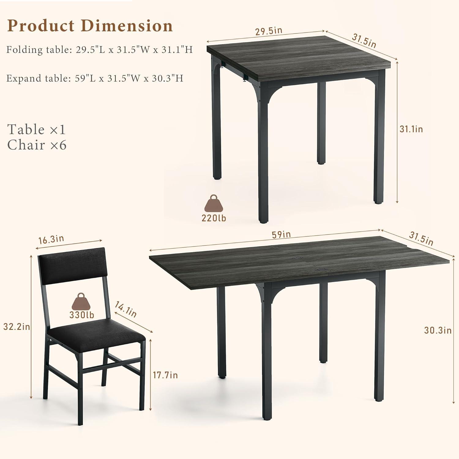 7-Piece Dining Table Set for 4-6, Extendable Kitchen Table Cushion Chairs Set of 6 with 6 Chairs, Rectangle Dining Table with Metal Frame & MDF Board, Folding for Small Apartment Saving Space,Grey Oak 7-Piece Dining Table Set for 4-6, Extendable Kitchen Table Cushion Chairs Set of 6 with 6 Chairs, Rectangle Dining Table with Metal Frame & MDF Board, Folding for Small Apartment Saving Space,Grey Oak