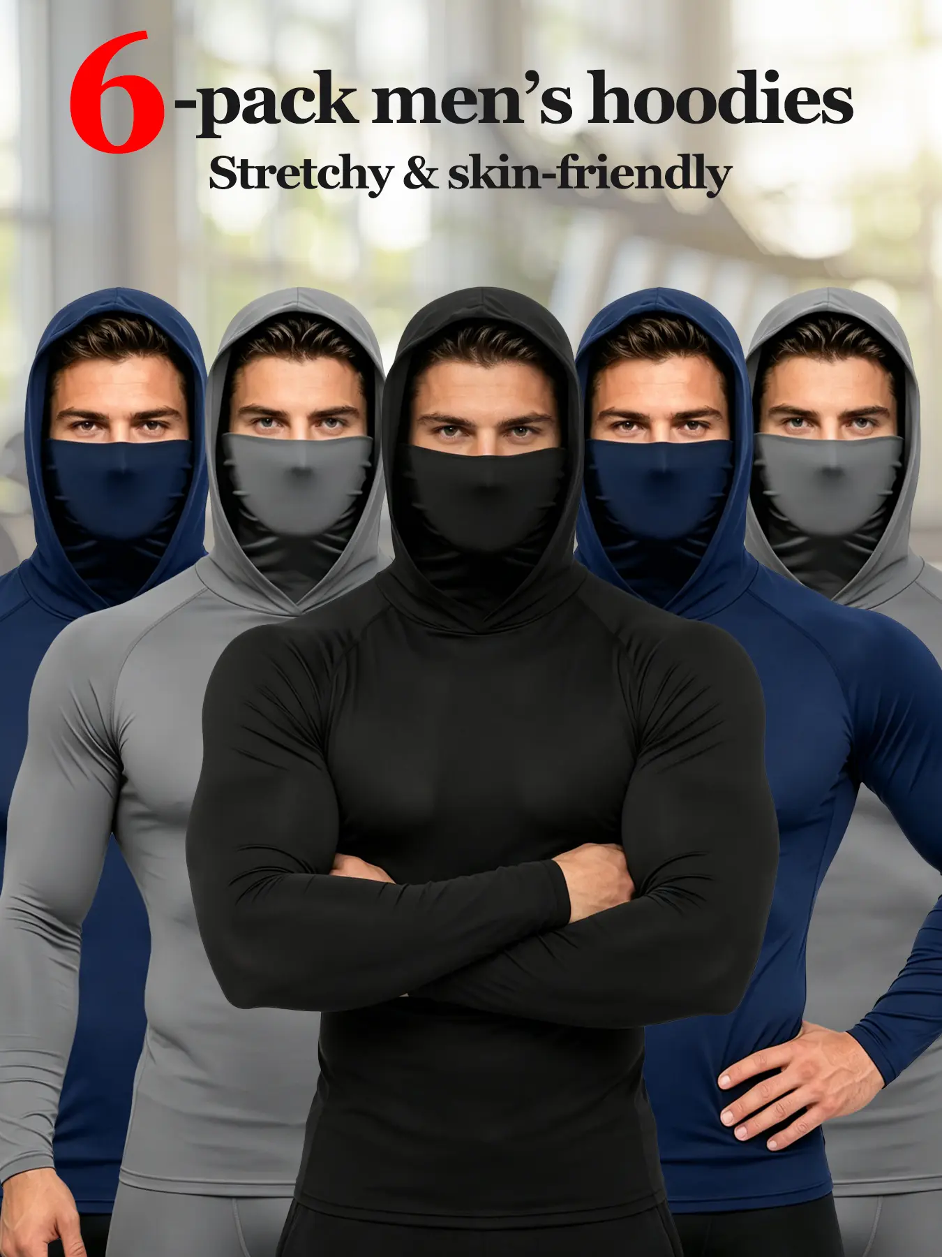 Men's 6-Pack Skin-tight Warm Stretch Hoodies, Long Sleeve Athletic Base Layer Tops for Workout Performance, Neck Gaiter, Athletic Tops, Sporty Chic, Male, Breathable, Hooded Face-Mask Shirt Men's Hoodies, Workout Wear, Quick Dry, No, Athletic Clothes, Com