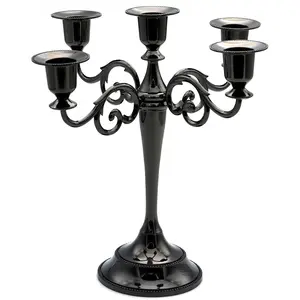Black Metal Candelabra Centerpiece 5 Arms 10.24 Inch Tall, Decorative Taper Candle Stand for 1/2-1 Inch Candles, Vintage Halloween Gothic Table Decor for Wedding Dining Home (Black)