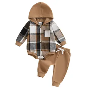Infant Baby Boy Plaid Flannel Hoodie Sweatshirt Romper Tops Elastic Waist Jogger Pants Two Pieces Outfit Fall Clothes