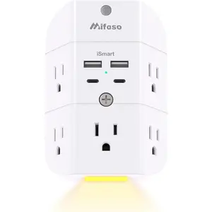 Mifaso 9-in-1 Wall Outlet Extender Surge Protector - USB-C, USB-A Ports, Auto Dusk/Dawn Sensor Night Light, 1875W Max Multi Plug Adapter for Multiple Devices in Bedrooms, Offices
