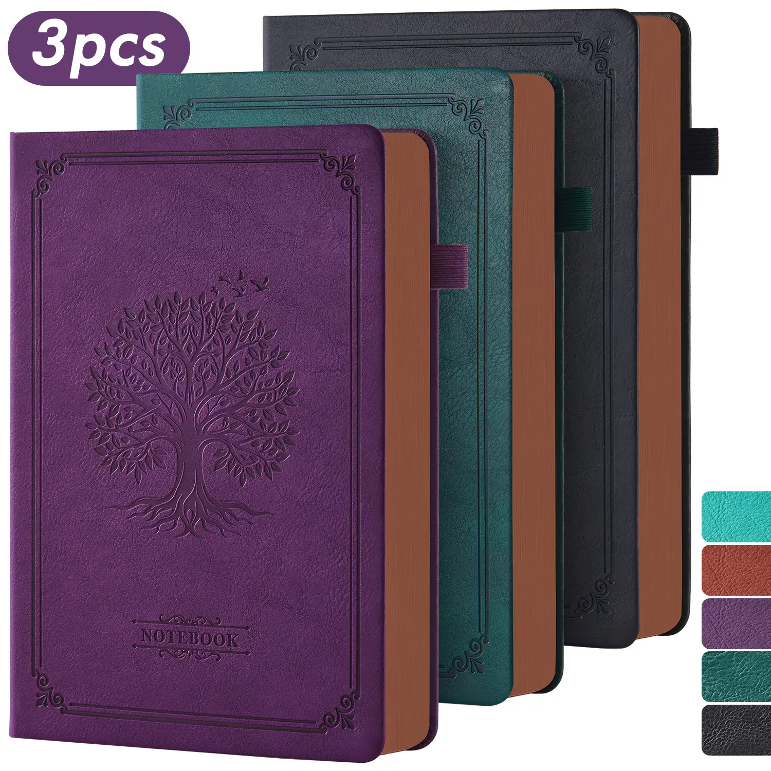 3 Pack A5 Journal Notebook, 320 Pages College Ruled  Notebook, 100GSM Thick Paper, Vintage PU Leather Cover with Tree Embossed, Inner Pocket, Hardcover Notebook for School Office Home, 5.6" x 8.3"