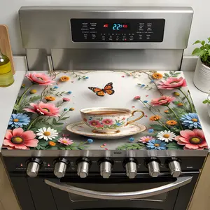 1pc Butterfly & Floral Stove Top Cover for Electric Stoves - Heat-Resistant Glass Ceramic Dish Drying Mat, Decorative Kitchen Artwork Protector Panel with Vibrant Flowers & Butterfly Design, Stove Cover, Cooktop Protector, Elegant Home Decor