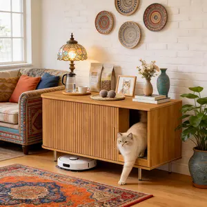 【SummerVibes】DHH 38.5" Hidden Cat Litter Box Enclosure, Mid-Century Modern Fluted Cat Furniture with Scratch Pad, Tambour Sliding Door Indoor Cat House & TV Stand