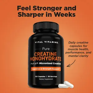 Vital Vitamins Creatine Monohydrate Capsules - Micronized Creatine Pills for Women & Men - Cognitive, Strength, Recovery Support - 3g (3000mg) per Serving - Vegan, Non-GMO, 120 Count
