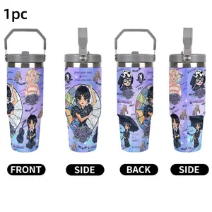 1pc (Wednesday) Dreamy Purple Gothic Cartoon Print Character 30oz stainless steel Insulation water bottle,large capacity travel cup,Multiple patterns available student water bottle,car water cup-perfect birthday or Christmas gift for both men and women