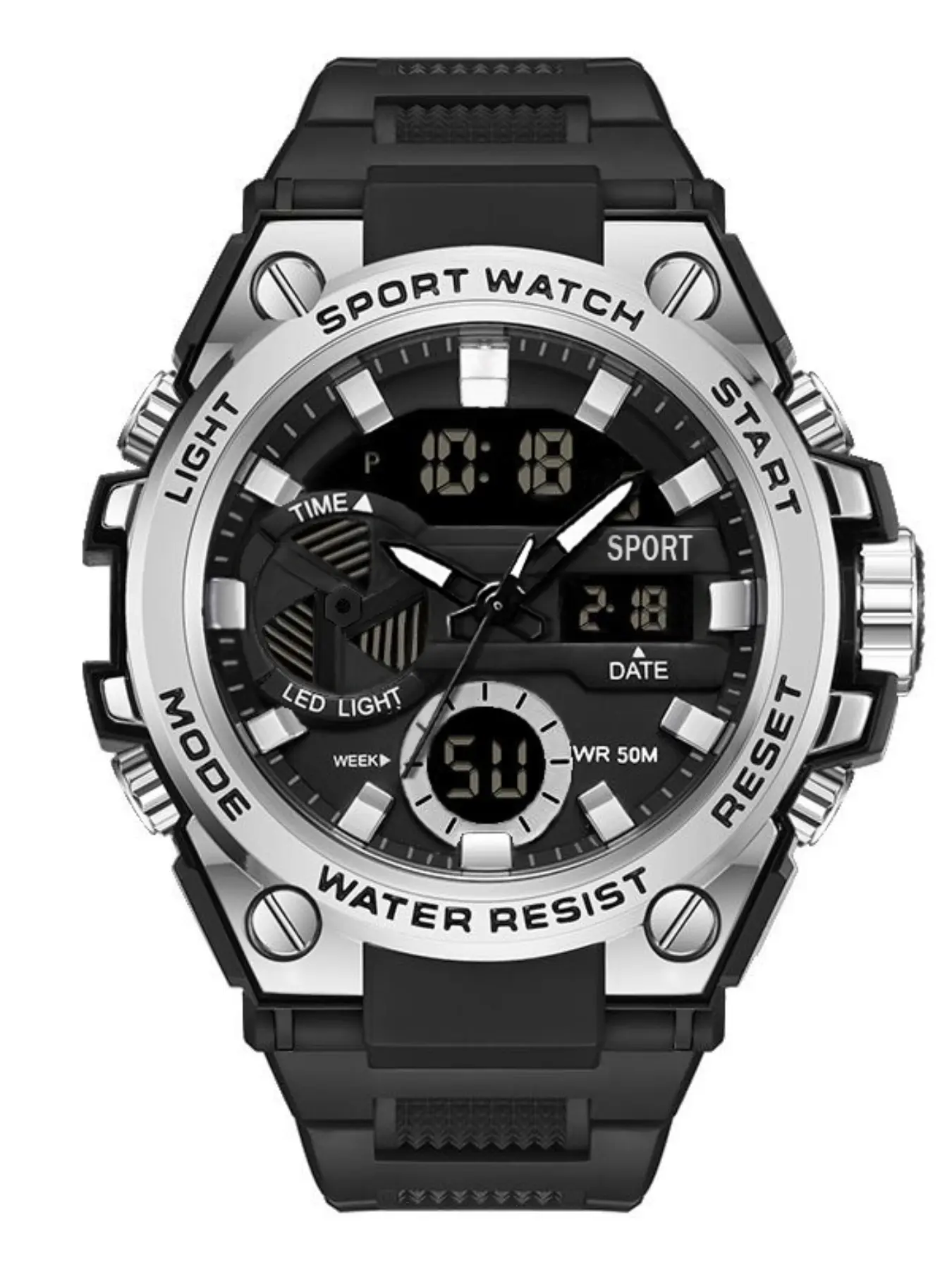 Men's Outdoor Sports Fashion Waterproof Digital Dual Display Watch, LED Light Quartz Alarm Clock Wristwatch, Polygon Face, Sporty Wristwatch, Analog Digital Wristwatch