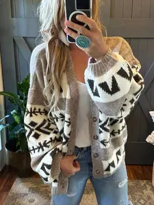 Women's Patchwork Geometric Print Button Front Cardigan, Casual Drop Shoulder Lantern Sleeve Knitwear for Fall, Fashion Ladies' Knit Clothing for Daily Wear, Knitted Sweater, Lightweight Knit Sweater