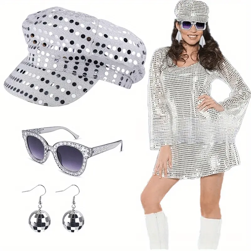 Women's Vintage 70s Disco Elegant Shiny Halloween Costume Set (Pack of 30) - 1-Size Accessories with Sequins Cap, Sunglasses, Earrings for Disco Themed Party, Costume Ideas, Bling, One Size