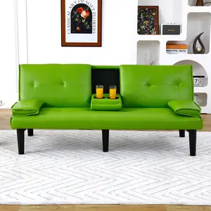 Futon Sofa Couch Bed, Faux Leather PU Folding Sleeper Sofa Bed Love Seat for 2 People, Mini Couch Sofa, Twin Futon Loveseat with Cup Holders for Bedroom，Green
