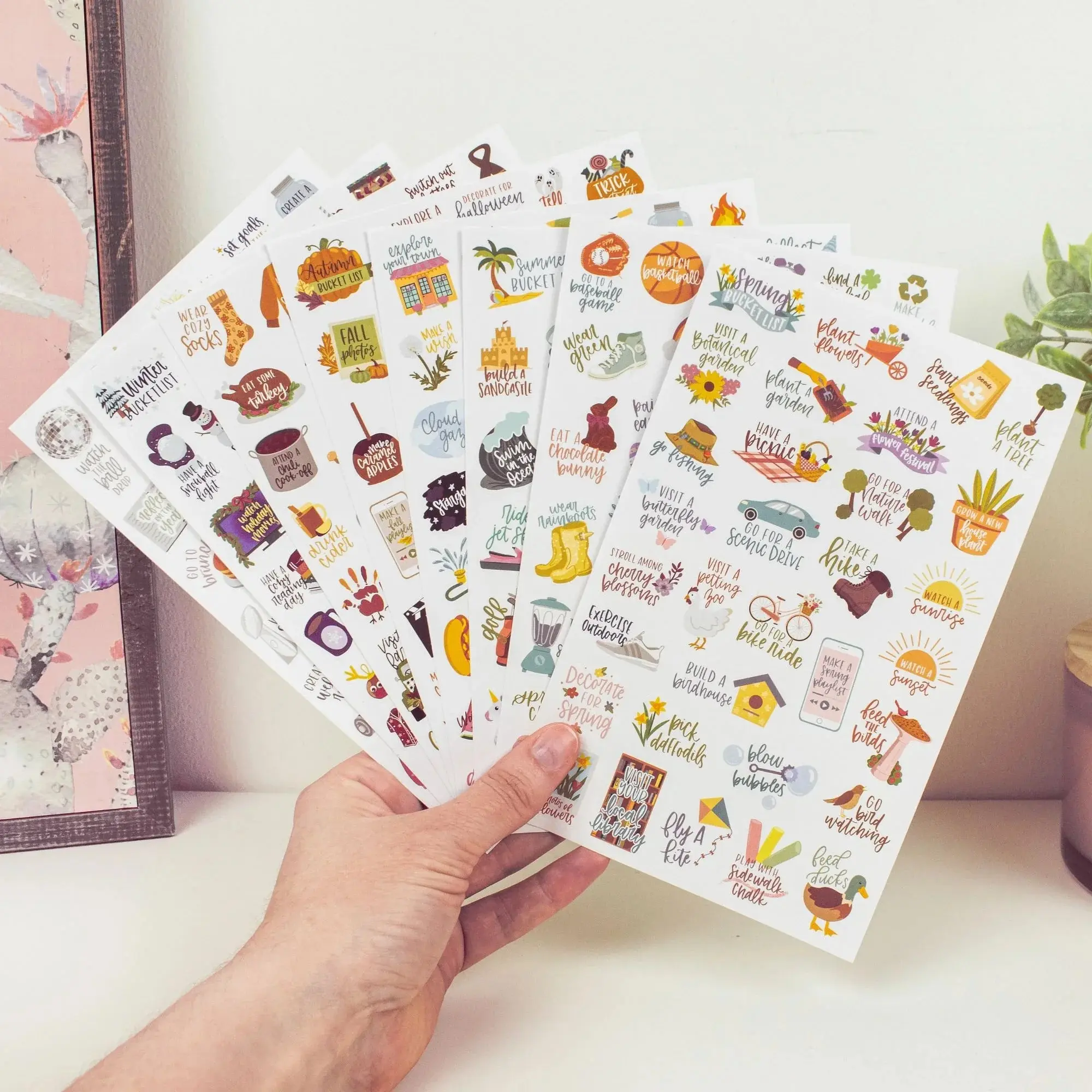 Seasonal Bucket List Sticker Pack - 8-Page Hand-Drawn & Illustrated Stickers for Planner Journal Scrapbook - Spring Summer Fall Winter Adventures 200+ Stickers Diy Crafts Picnics