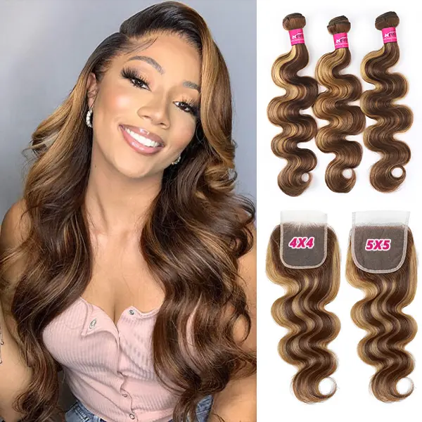 5x5 Lace Closure With Bundles P4 27 Highlight Body Wave Bundles With Closure Ombre Brown Colored Human Hair Bundles With Closure