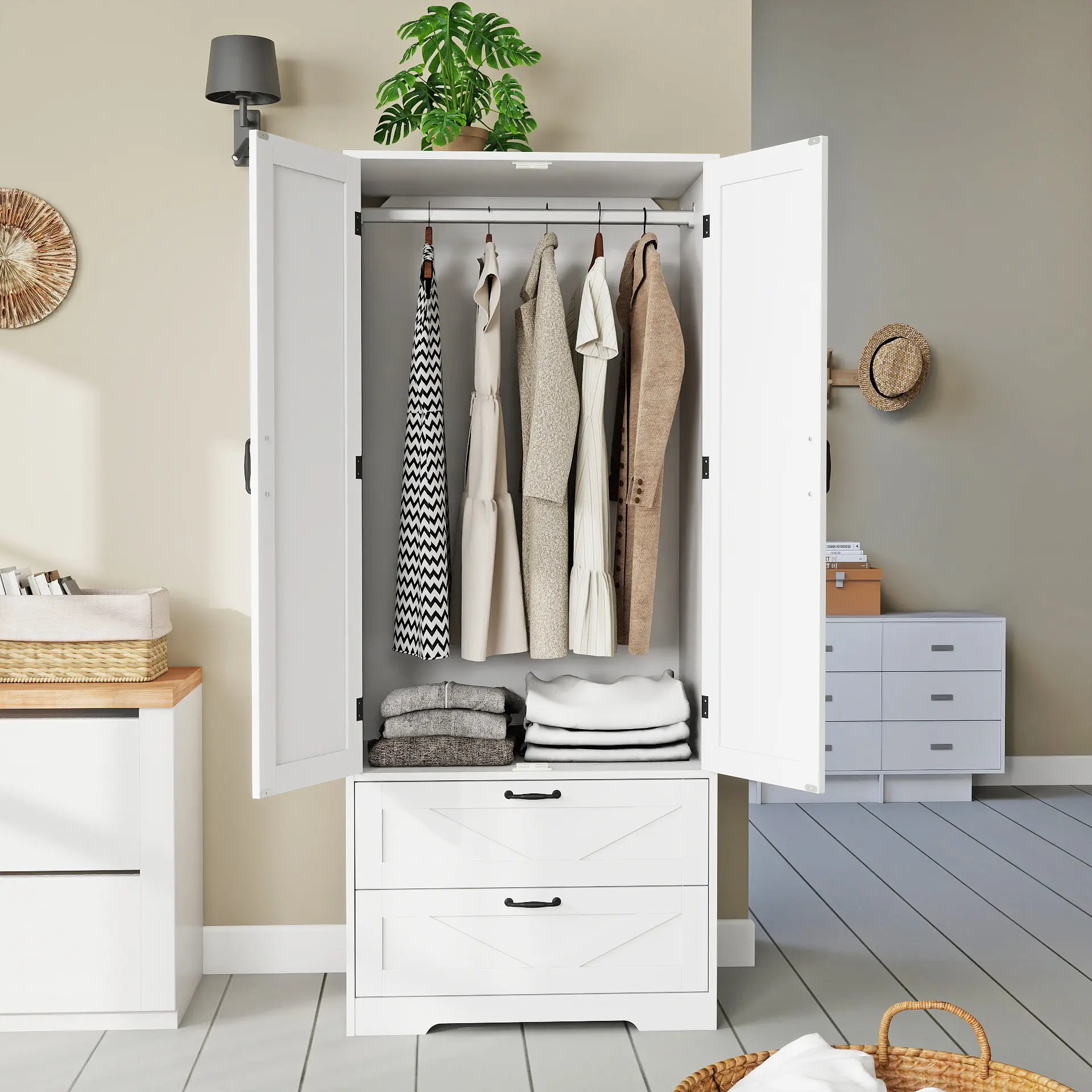 65.3" Height Freestanding Wooden Armoire Wardrobe with Doors & Drawers, Modern Indoor Cupboard, Sturdy Structure, Easy DIY Setup, Assembly Required, Closet-Like Storage for Bedroom or Living Room