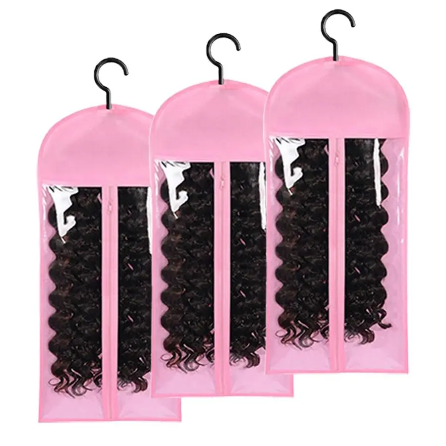 Wig Storage Bag with Hook and Zipper, 3/5pcs Transparent Dustproof Design Wig Storage Bag for Hair Weft & Hair Weave Extensions, Hair Extension Holder, Wig Tool, Wigs Accessories for Salon & Home Wig Mannequin Use, Hair Weft Extensions Organize