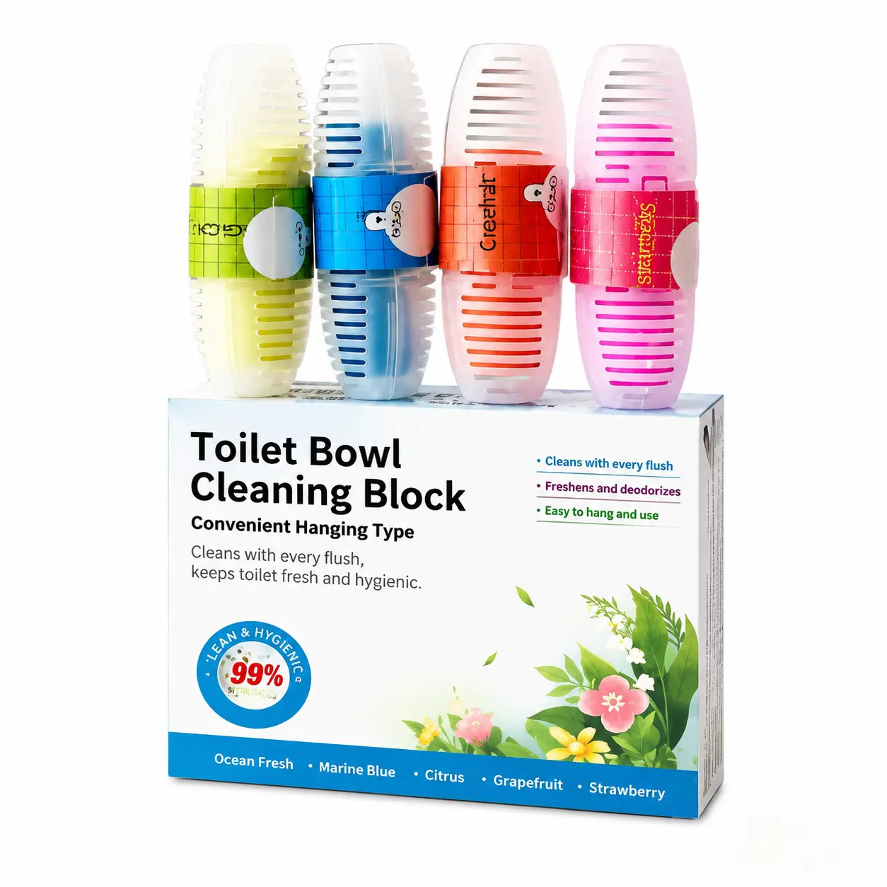 4 Pack Hanging Toilet Bowl Cleaning Blocks, Multi-Scent Long-Lasting Flushable Deodorizer & Cleaner for Bathroom Hygiene