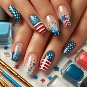 [24pcs Patriotic Nail Stickers] 24pcs Red White & Blue Patriotic Nail Stickers | Medium Length Square Glossy Finish Removable Fake Nails for 4th of July, Independence Day Nail Art Decorations, Nail Art Accessories