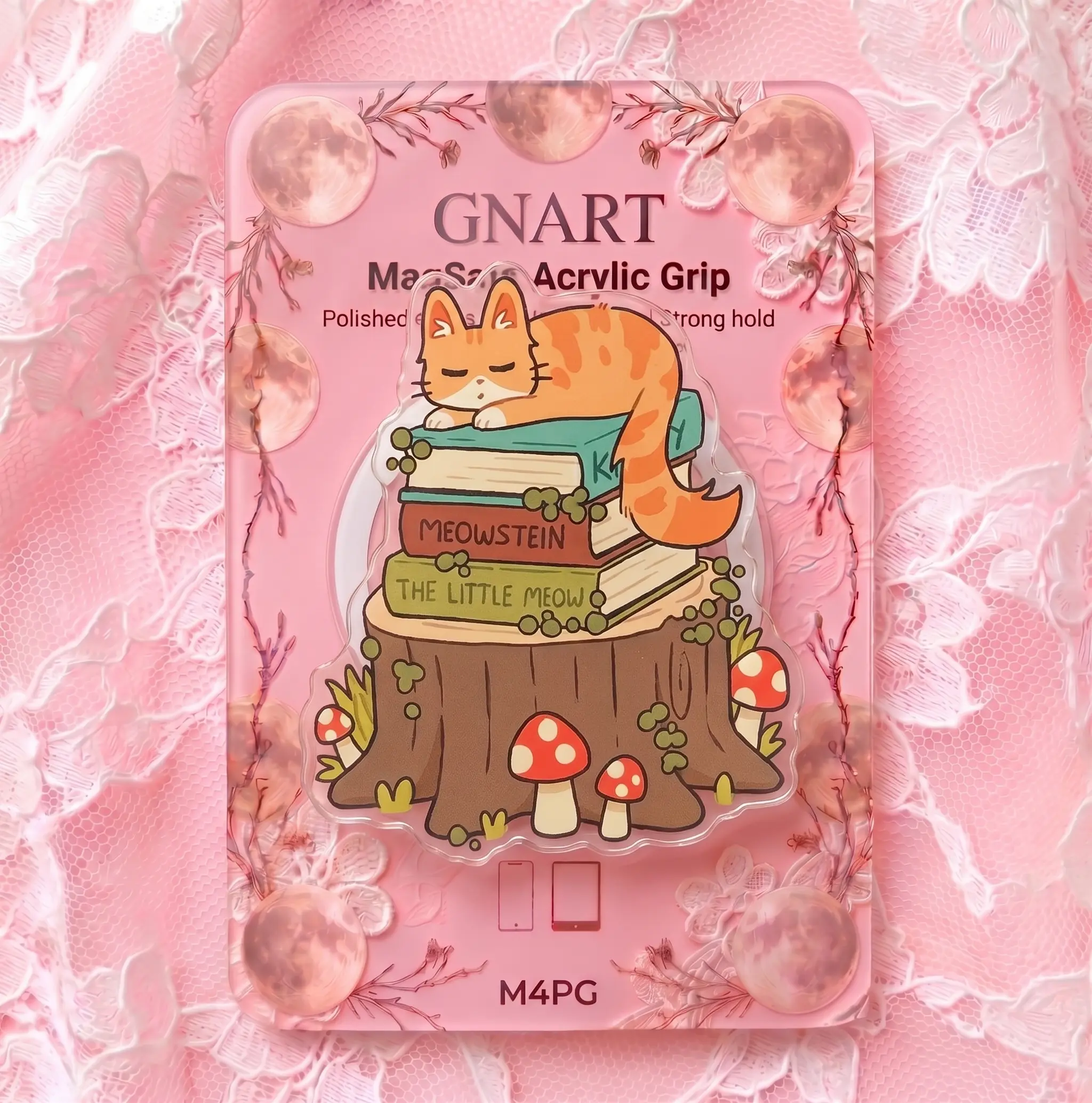 Cottagecore Cat Book Stack Phone Grip - MagSafe Acrylic Magnetic Holder - Cute Orange Tabby Mushroom Tree Stump Stand Ring - Kawaii Bookworm Gift