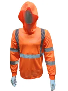 Hi Visibility ORANGE Long sleeve hoodie shirt with heat transfer reflector / polyester birdeye Fabric for quick dry / Hi Vis Reflective shirt