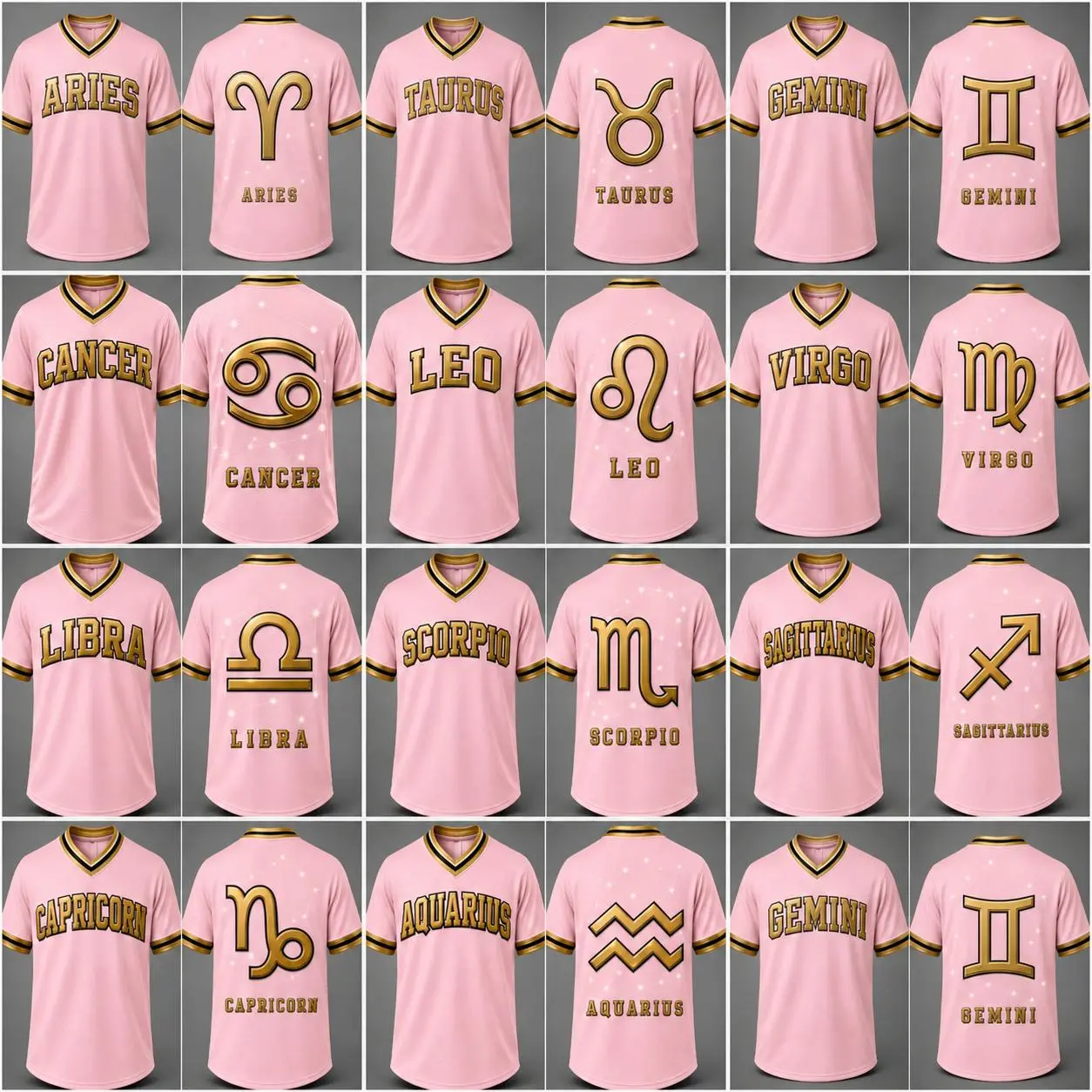 Pink Zodiac V-Neck Soccer Jersey Shirt - Unisex Athletic Varsity Top with Gold Horoscope Symbol Graphic, 12 Astrology Signs Gift for Men Women