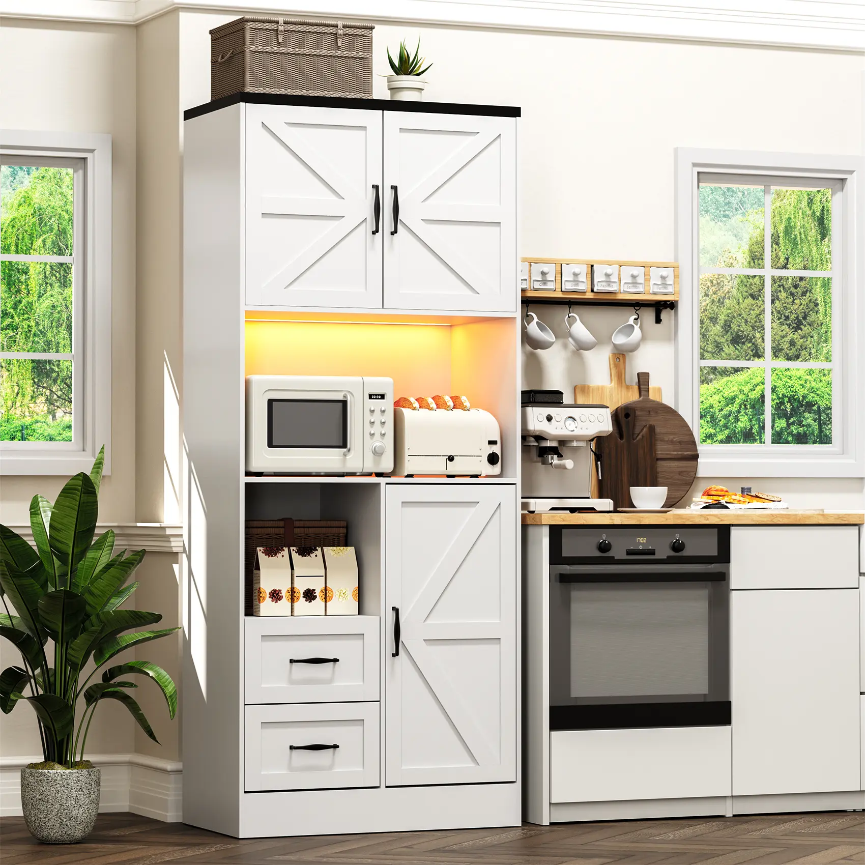 Kitchen Pantry Storage Cabinet with LED Lights and Power Strip, Tall Farmhouse Kitchen Pantry with Barn Doors and Drawers, Adjustable Shelves for Dining Living Room