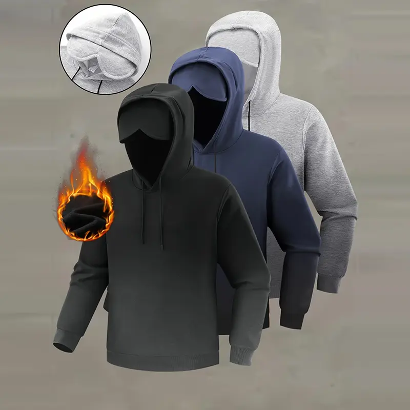 Men’s Autumn-Winter Fashionable Fleece-Lined Hooded Sweatshirt with Eye Mask, Gradient Design, Suitable for Outdoor Sports, Casual Hiking