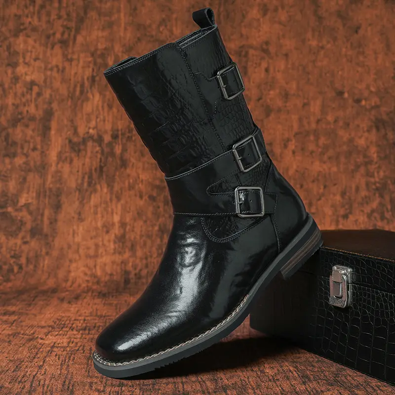 CYUW Men’s Retro Outdoor Versatile Fashion Knight Boots with Multiple Buckles and Side Zipper, Mid-Calf Height