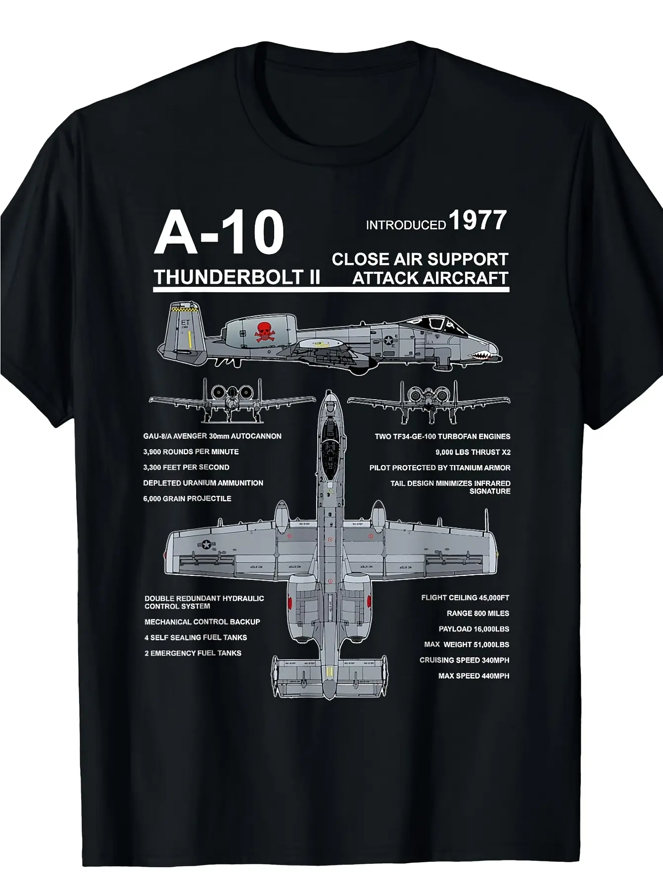 A-10 Thunderbolt II Warthog Military Jet T-Shirt - Vintage Aircraft Blueprint Graphic with specifications - Soft Breathable Cotton Crew Neck Tee - Black Aviation Enthusiast Gift - Unisex Casual Shirt for Men & Women - Machine Washable Casual Attire Detail